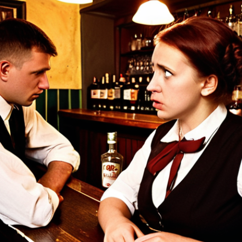 Home 15 **
A candid shot in a Warsaw bar. A frustrated-looking woman is attempting to order "wątróbka" (liver) from a bartender who looks confused. The scene captures a moment of miscommunication due to pronunciation difficulties, highlighting the challenges of learning Polish. The bar is dimly lit with a traditional Polish feel.
**