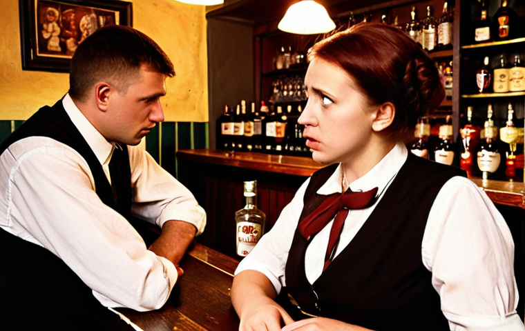 **

A candid shot in a Warsaw bar. A frustrated-looking woman is attempting to order "wątróbka" (liver) from a bartender who looks confused. The scene captures a moment of miscommunication due to pronunciation difficulties, highlighting the challenges of learning Polish. The bar is dimly lit with a traditional Polish feel.

**