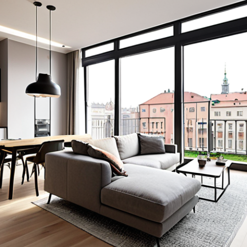 Home 14 **Modern apartment interior in Krakow, Poland. Bright, airy living space with minimalist design. Large windows overlooking the city. Incorporate smart home technology elements like a smart thermostat or lighting panel.** (Focus: Krakow apartment, modern, smart tech)