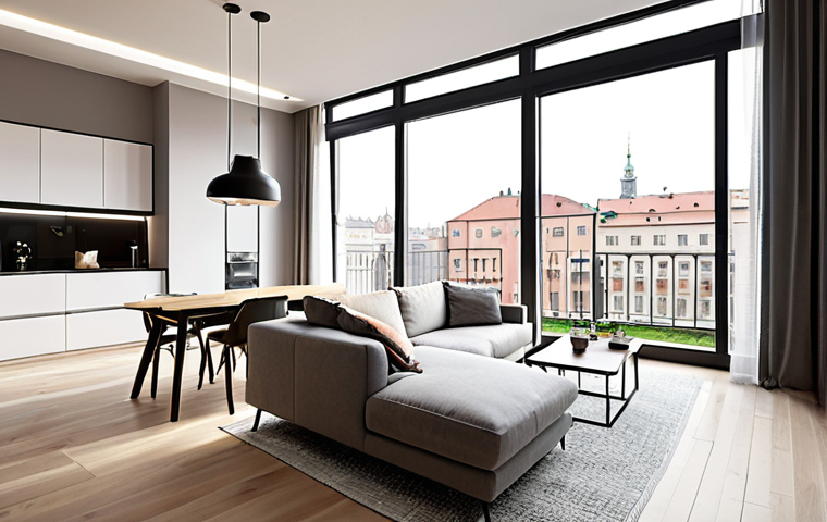 **Modern apartment interior in Krakow, Poland. Bright, airy living space with minimalist design. Large windows overlooking the city. Incorporate smart home technology elements like a smart thermostat or lighting panel.** (Focus: Krakow apartment, modern, smart tech)