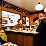 **

A cozy Polish "mleczny bar" (milk bar) interior. Focus on traditional Polish dishes like Żurek soup being served. People are enjoying a cheap and tasty meal. The atmosphere is simple and authentic, reflecting the Soviet-era origins.

**