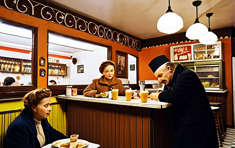 **

A cozy Polish "mleczny bar" (milk bar) interior. Focus on traditional Polish dishes like Żurek soup being served. People are enjoying a cheap and tasty meal. The atmosphere is simple and authentic, reflecting the Soviet-era origins.

**