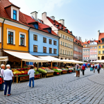 바르샤바 필수 여행지 - Warsaw Old Town Scene**

"A bustling market square in Warsaw's Old Town, Poland, during daytime, fea...