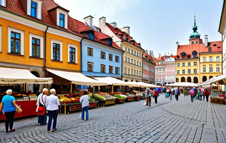 바르샤바 필수 여행지 - Warsaw Old Town Scene**
"A bustling market square in Warsaw's Old Town, Poland, during daytime, fea...