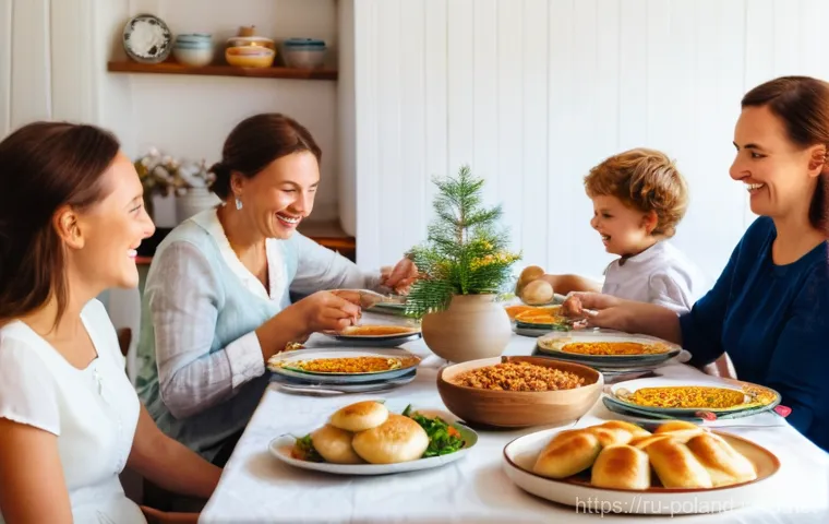 폴란드 국민성 특징 - A warm and inviting scene inside a traditional Polish home during a festive family gathering. A mult...