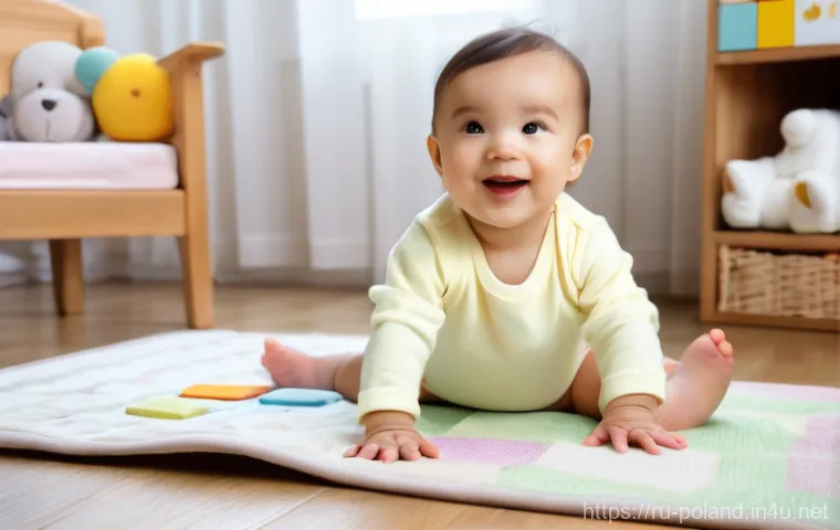 폴란드어 발음 특징 - A joyful toddler, approximately 18 months old, with bright, curious eyes, sitting on a soft, pastel-...