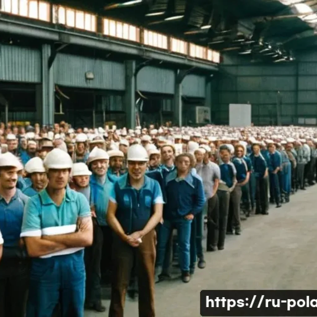 연대노조와 레흐 바웬사 - A detailed scene of Polish factory workers in the late 1970s, gathered inside a large industrial hal...