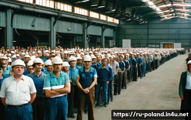 연대노조와 레흐 바웬사 - A detailed scene of Polish factory workers in the late 1970s, gathered inside a large industrial hal...
