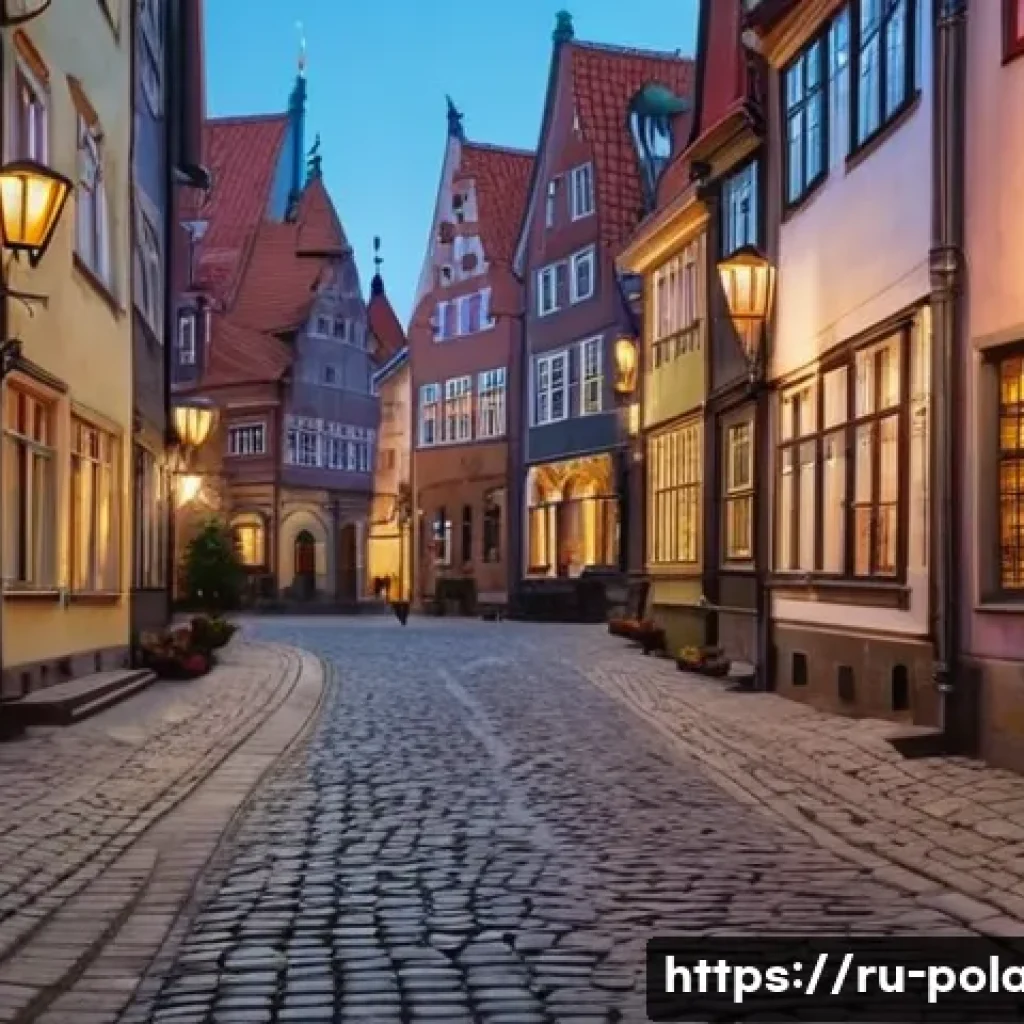 그단스크 역사적 유적지 - A narrow medieval street scene in Gdańsk during evening twilight, featuring cobblestone pavement, Go...