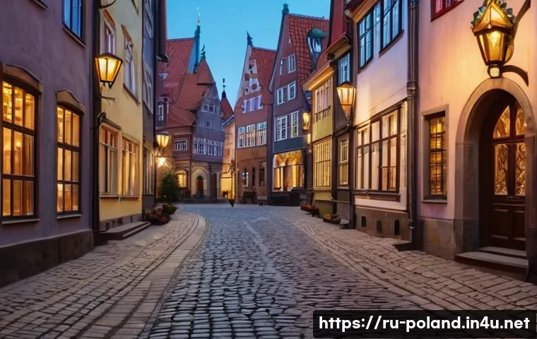 그단스크 역사적 유적지 - A narrow medieval street scene in Gdańsk during evening twilight, featuring cobblestone pavement, Go...