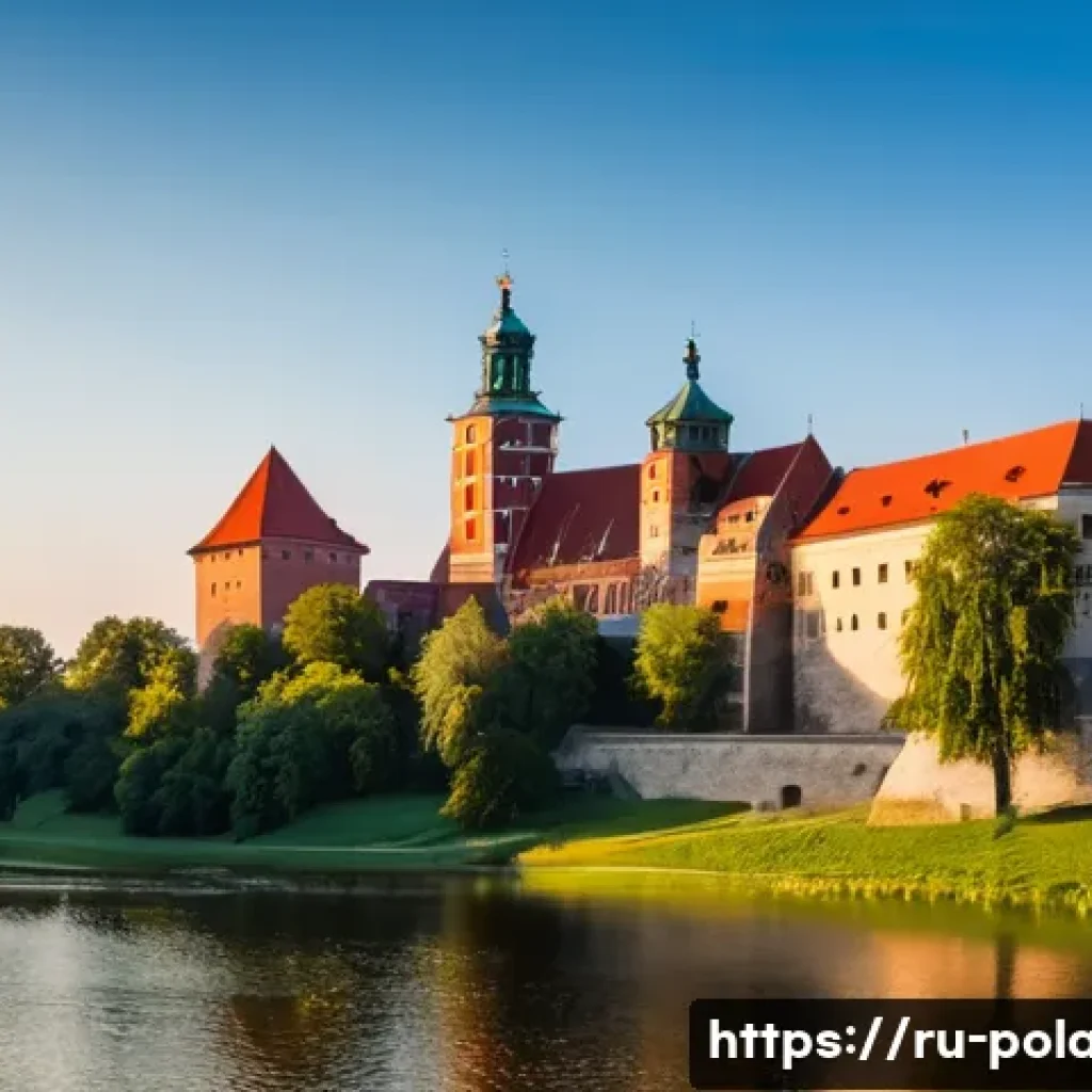 폴란드 관광 명소 TOP 10 - A majestic view of Wawel Castle in Krakow during golden hour, showcasing its medieval architecture w...