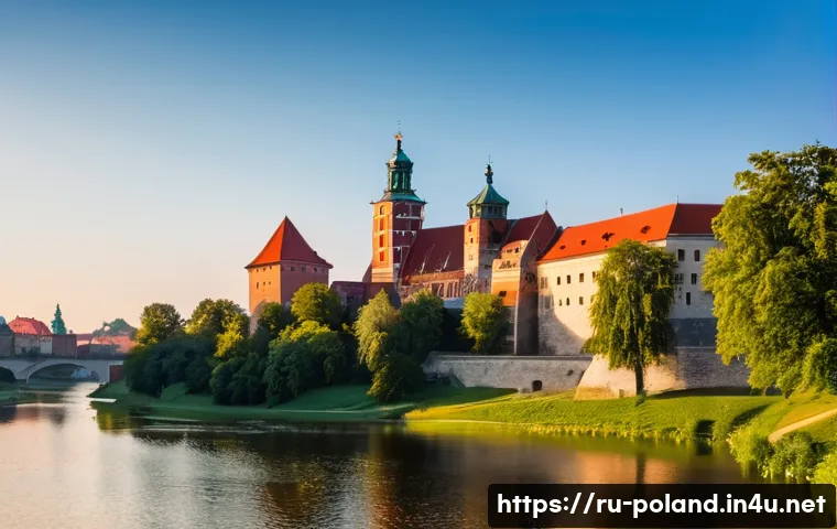 폴란드 관광 명소 TOP 10 - A majestic view of Wawel Castle in Krakow during golden hour, showcasing its medieval architecture w...