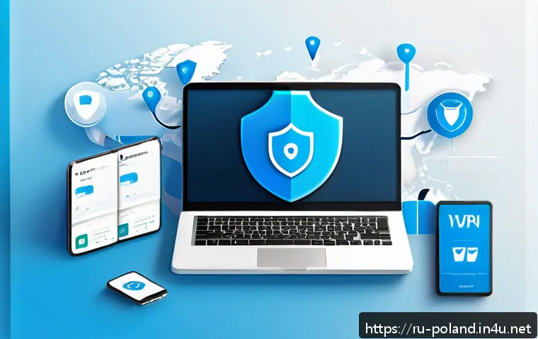 폴란드 VPN 사용법 - A modern digital illustration of a secure VPN setup environment tailored for Russian users, featurin...
