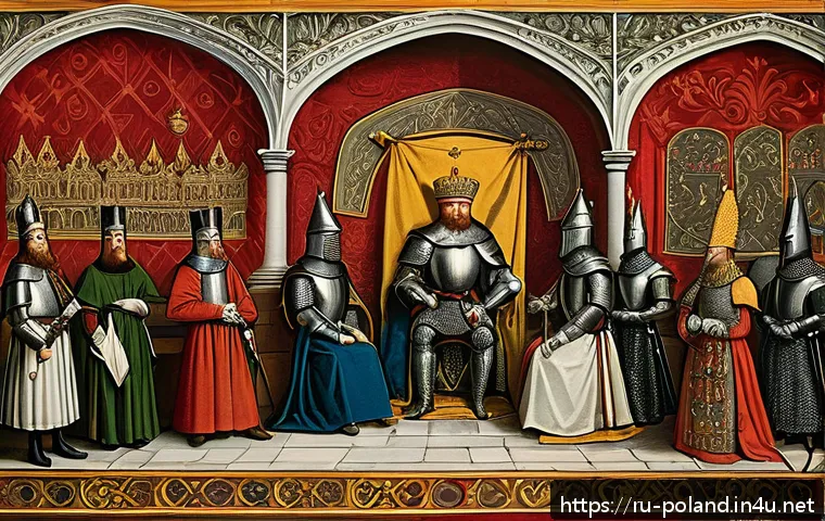 폴란드와 헝가리 역사 비교 - A detailed medieval scene depicting King Louis the Great ruling simultaneously over Poland and Hunga...