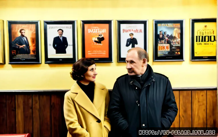 폴란드 영화 추천 - Photorealistic cozy independent cinema in Warsaw, a mature Russian-speaking couple choosing classic ...