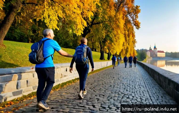 Home 17 폴란드 도보 여행 추천 루트 - Photorealistic travel scene in Krakow, Poland, a middle-aged Russian-speaking couple with modest hik...